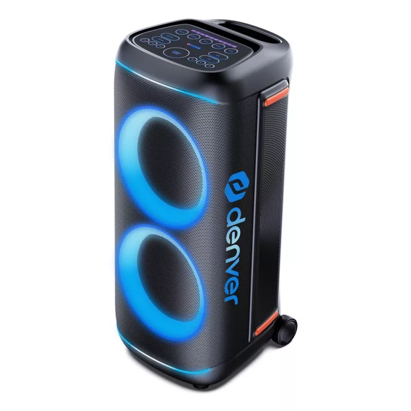 Denver BPS-470 Altavoz Bluetooth para fiestas con karaoke, 2000W PMPO, 20W RMS, luces LED, radio FM, TWS, incl. micrófono, negro