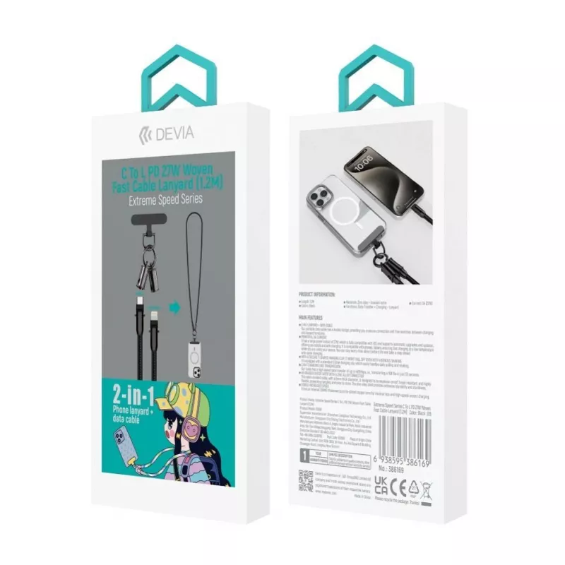 Devia Cable USB-C a Lightning 2 en 1 con cordón 1,2m 27W Negro