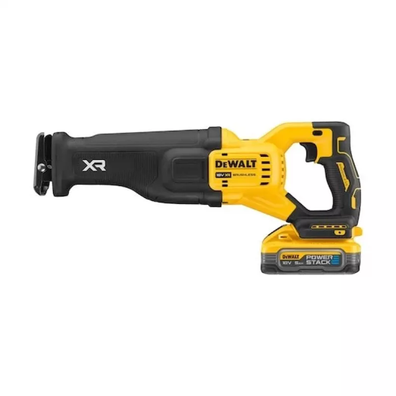 Sierra sable sin escobillas DEWALT 18V XR con 2 baterías PowerStack de 5Ah y maletín TSTAK