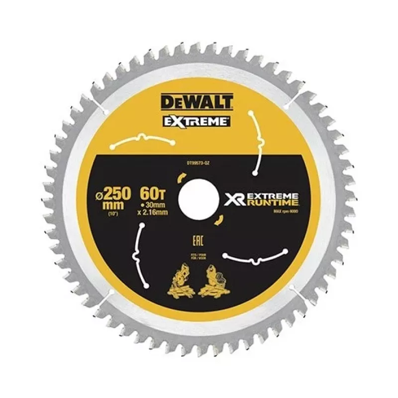 DEWALT DT99573 disco de sierra 250 mm 60 dientes TCT corte fino para madera, contrachapado, MDF, aglomerado