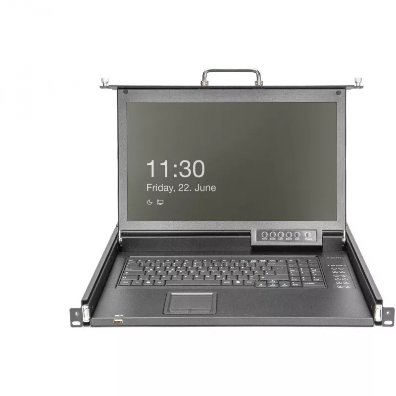 DIGITUS Consola Modular 17 inch LCD HD, KVM CAT5 de 8 puertos, teclado alemán