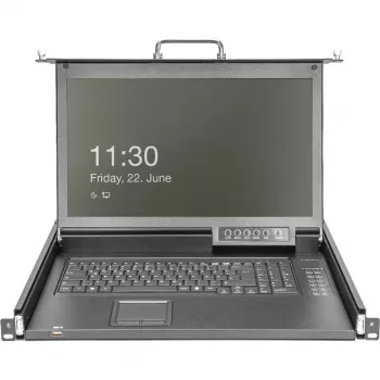 DIGITUS Consola KVM LCD HD modular con TFT de 17 pulgadas, conexión KVM CAT 5 de 16 puertos, touchpad, distribución de teclado alemán