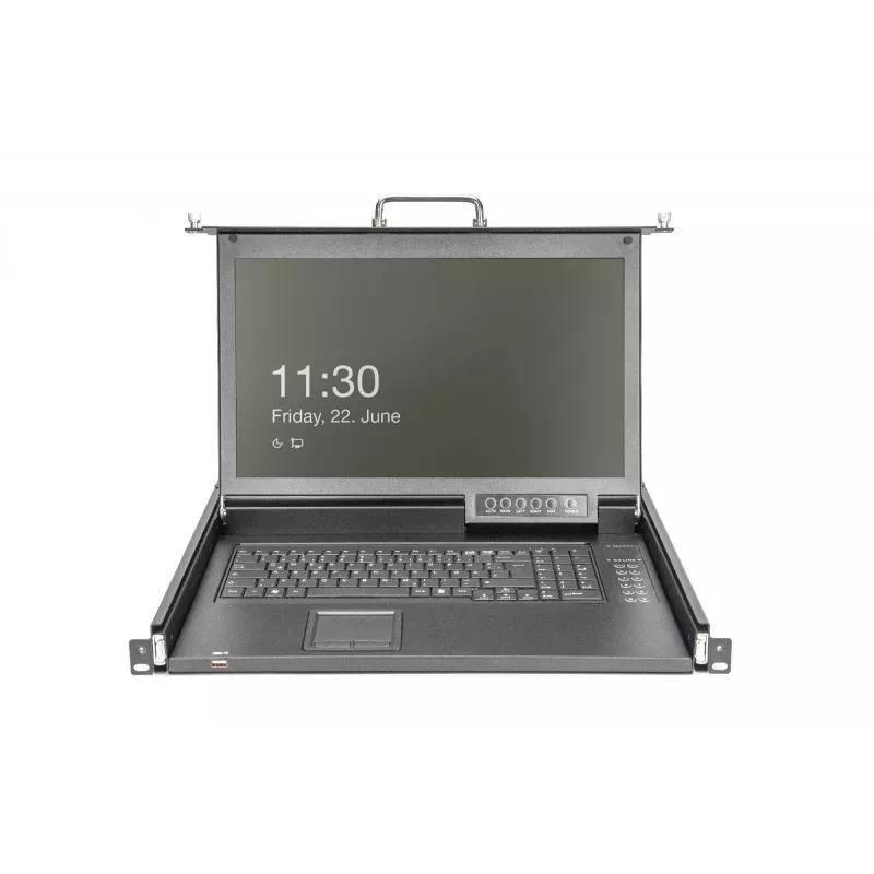 DIGITUS Consola KVM LCD HD modular con TFT de 17 pulgadas, conexión KVM CAT 5 de 16 puertos, touchpad, distribución de teclado alemán