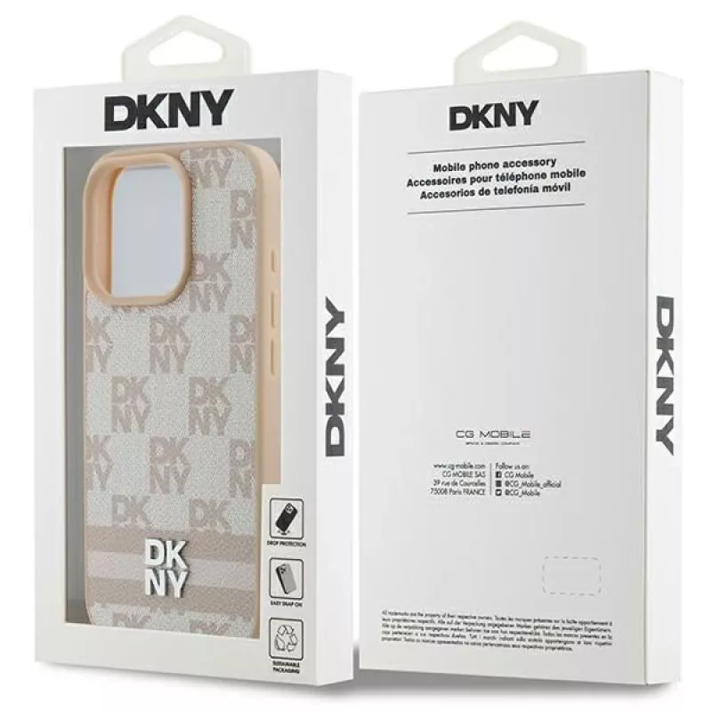 DKNY Funda para iPhone 16 Pro con patrón de cuadros y rayas estampadas, rosa