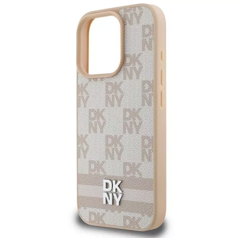 DKNY Funda para iPhone 16 Pro con patrón de cuadros y rayas estampadas, rosa