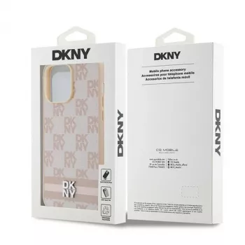 DKNY Funda de piel con patrón mono a cuadros y rayas impresas para iPhone 14 Pro Max - Rosa