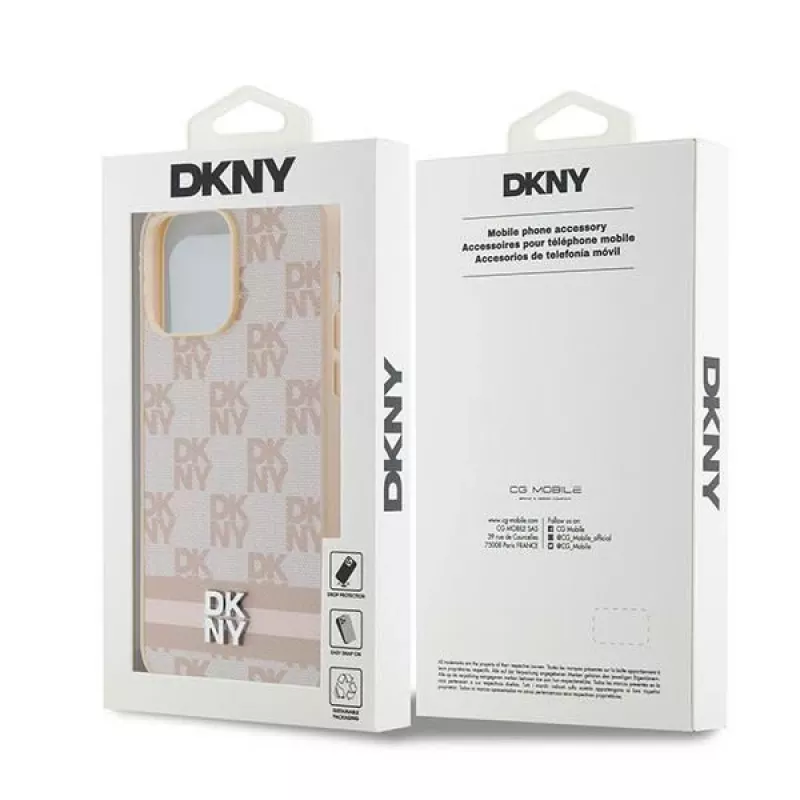 DKNY Funda de piel con patrón mono a cuadros y rayas impresas para iPhone 14 Pro Max - Rosa
