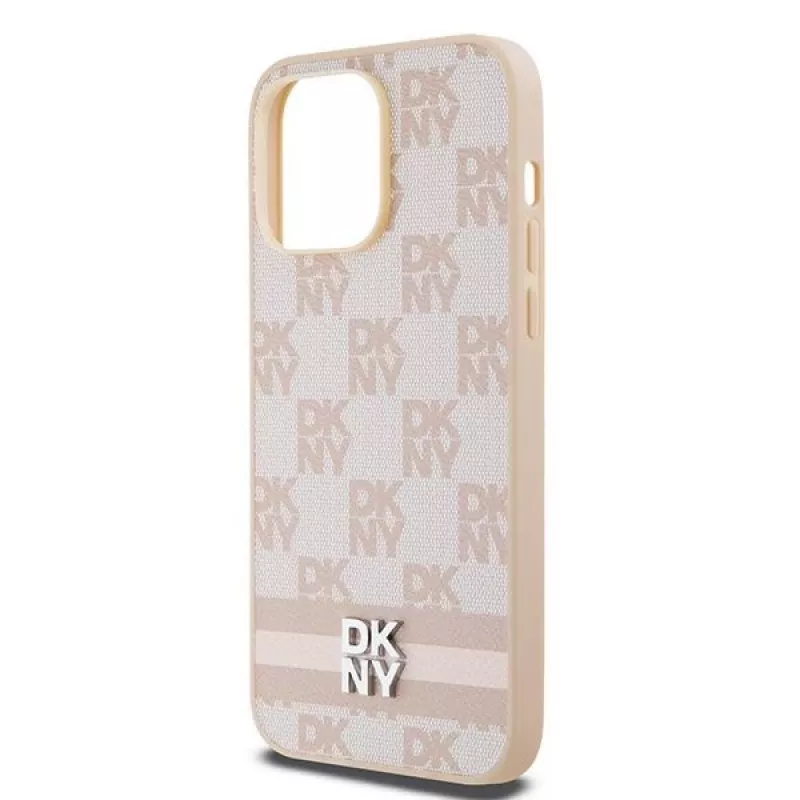 DKNY Funda de piel con patrón mono a cuadros y rayas impresas para iPhone 14 Pro Max - Rosa