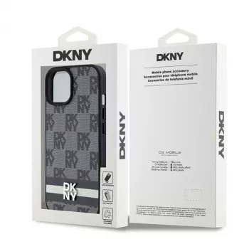 DKNY Funda de piel con patrón monograma a cuadros y rayas impresas para iPhone 15/14/13 - Negra