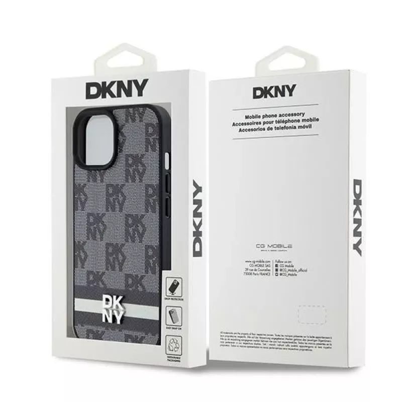 DKNY Funda de piel con patrón monograma a cuadros y rayas impresas para iPhone 15/14/13 - Negra