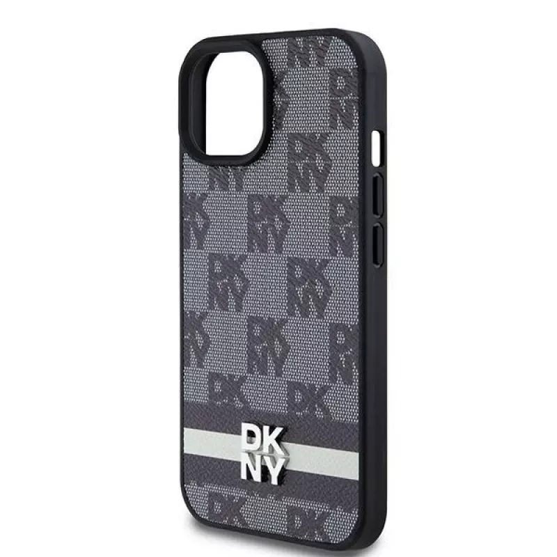 DKNY Funda de piel con patrón monograma a cuadros y rayas impresas para iPhone 15/14/13 - Negra
