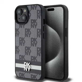 DKNY Funda de piel con patrón monograma a cuadros y rayas impresas para iPhone 15/14/13 - Negra