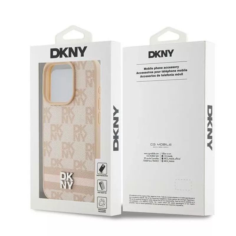 DKNY Funda de piel con patrón mono a cuadros y rayas impresas para iPhone 15 Pro Max - Rosa