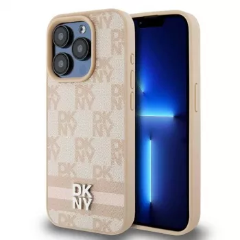 DKNY Funda de piel con patrón mono a cuadros y rayas impresas para iPhone 15 Pro Max - Rosa