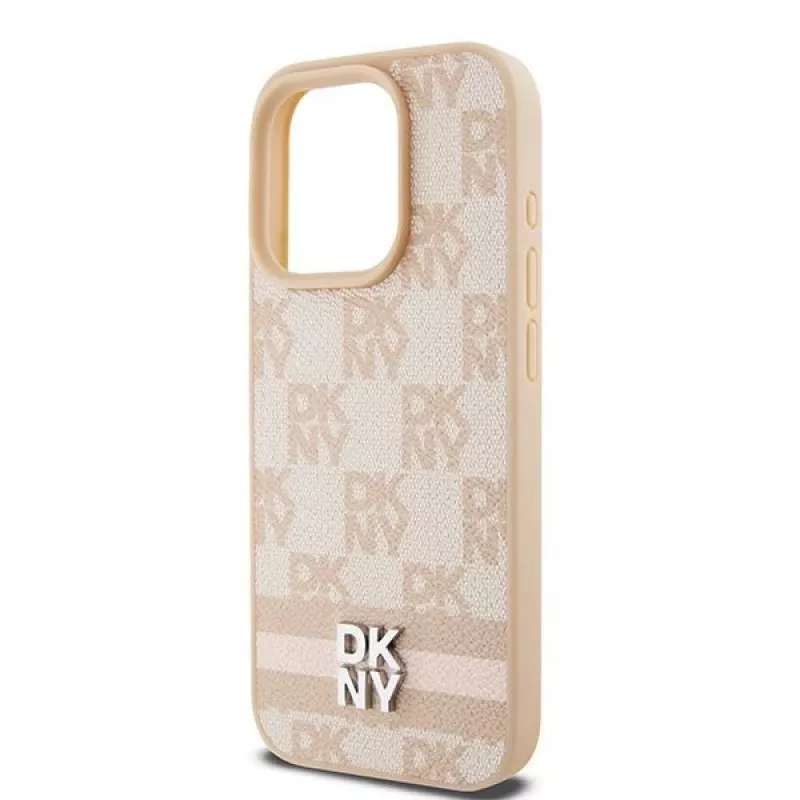 DKNY Funda de piel con patrón mono a cuadros y rayas impresas para iPhone 15 Pro - Rosa