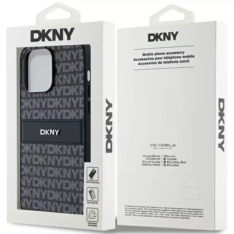 DKNY Funda de piel Mono Stripe con logo metálico para iPhone 14 Pro Max - Negra