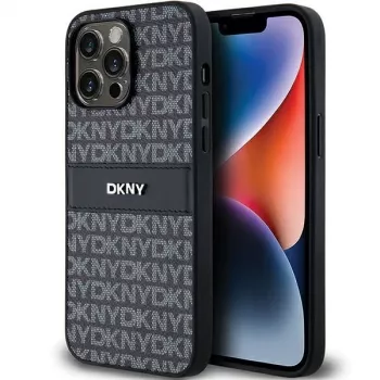 DKNY Funda de piel Mono Stripe con logo metálico para iPhone 14 Pro Max - Negra