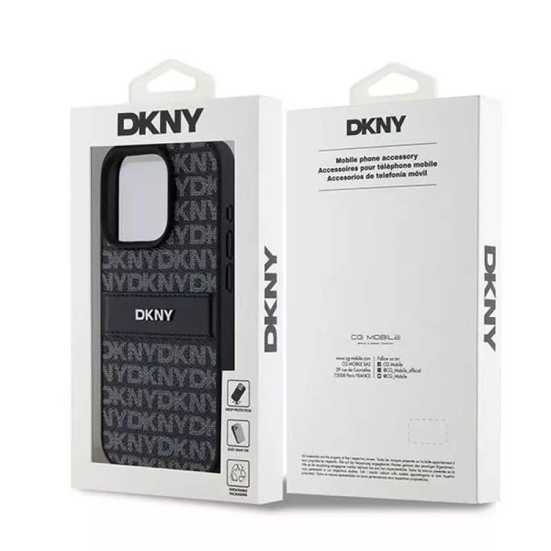 DKNY Funda de piel Mono Stripe con logo metálico para iPhone 15 Pro - Negra