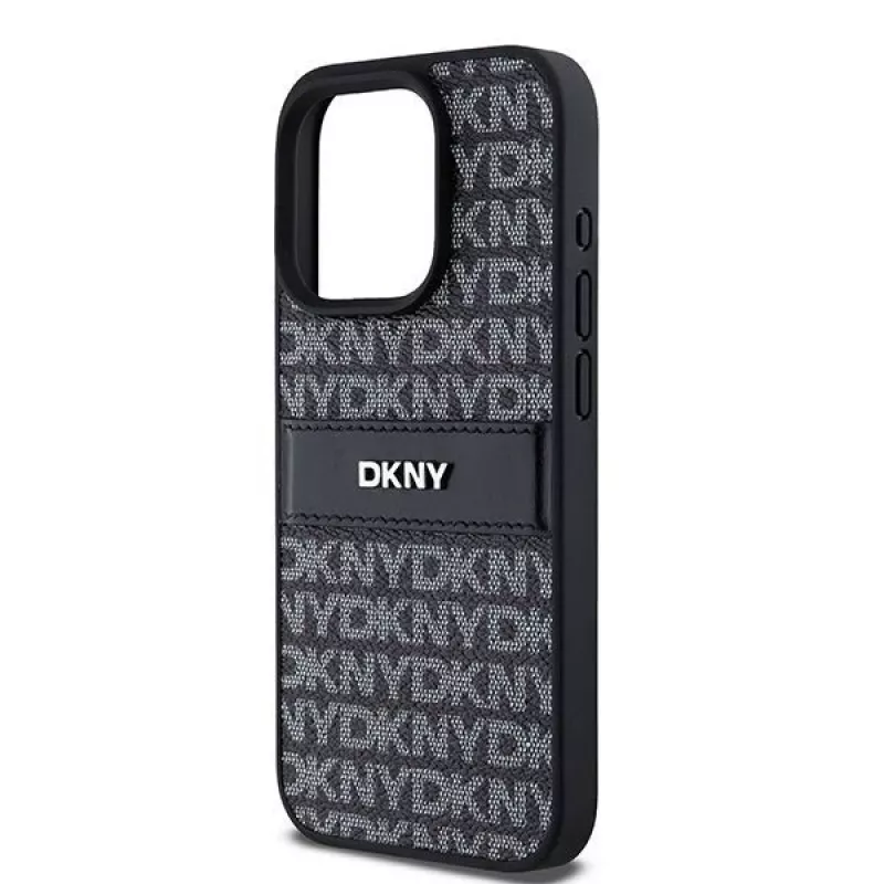 DKNY Funda de piel Mono Stripe con logo metálico para iPhone 15 Pro - Negra