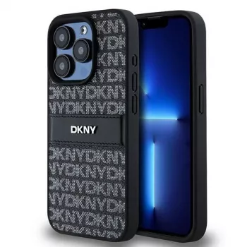 DKNY Funda de piel Mono Stripe con logo metálico para iPhone 15 Pro - Negra