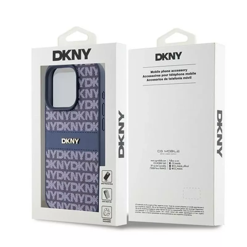 DKNY Funda de piel Mono Stripe y logotipo metálico para iPhone 15 Pro - Azul
