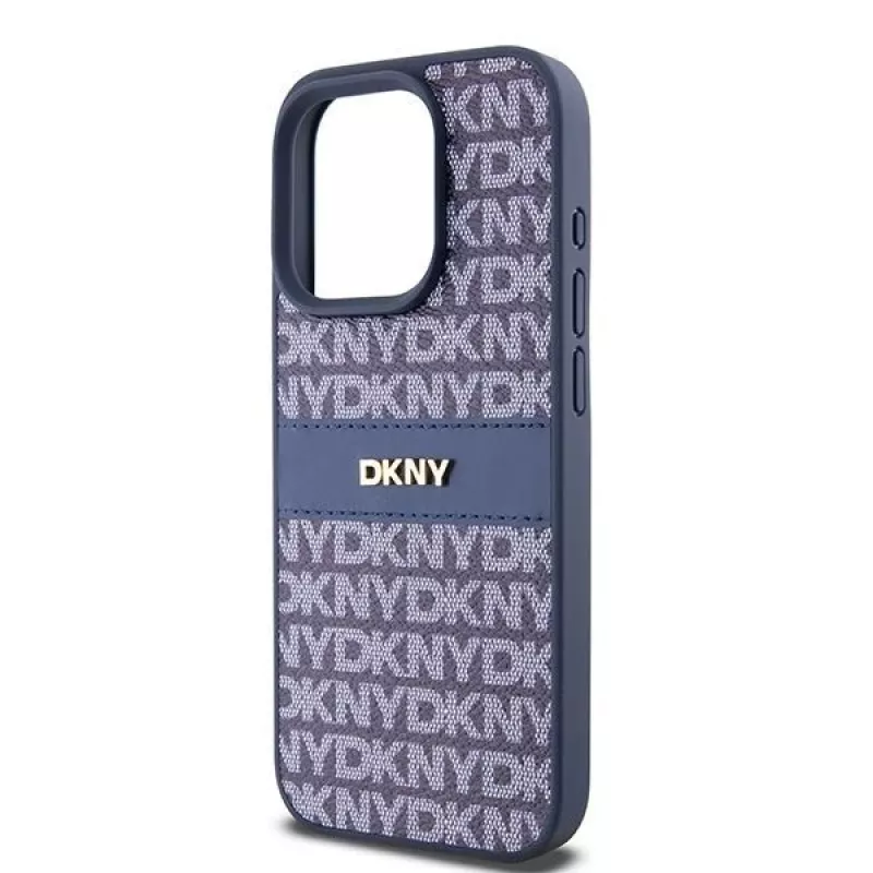 DKNY Funda de piel Mono Stripe y logotipo metálico para iPhone 15 Pro - Azul