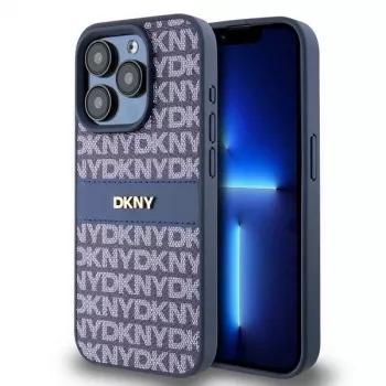 DKNY Funda de piel Mono Stripe y logotipo metálico para iPhone 15 Pro - Azul