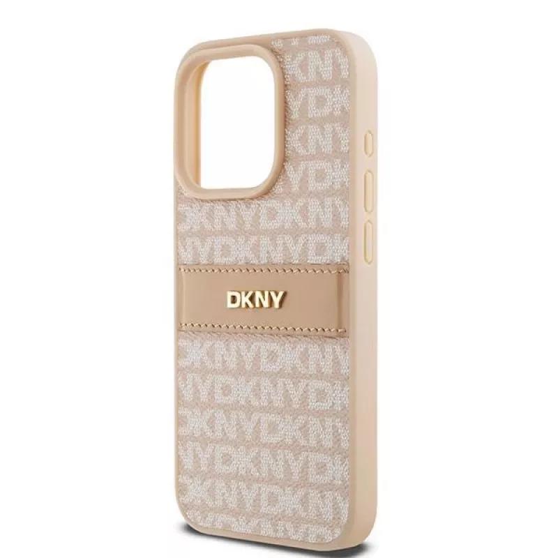 DKNY Funda de piel Mono Stripe con logo metálico para iPhone 15 Pro - Rosa