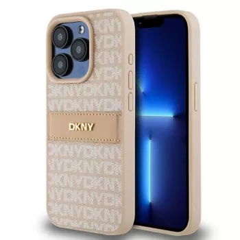 DKNY Funda de piel Mono Stripe con logo metálico para iPhone 15 Pro - Rosa