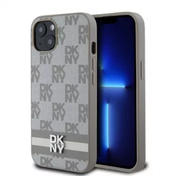 DKNY Funda de piel PU con estampado de cuadros y rayas para iPhone 13 Beige