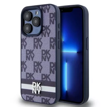 Funda de piel PU DKNY con estampado de cuadros y rayas para iPhone 15 Pro Max azul