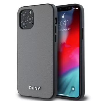 DKNY Funda MagSafe de piel sintética para iPhone 12/12 Pro con logo metálico plateado - gris