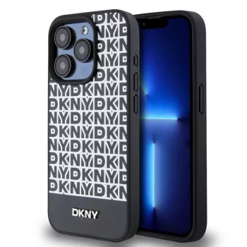 DKNY funda de piel PU con patrón Repeat y franja inferior para iPhone 14 Pro Max - Negra