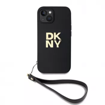 DKNY Funda con correa de muñeca de piel PU Stack Logo para iPhone 13 - negra