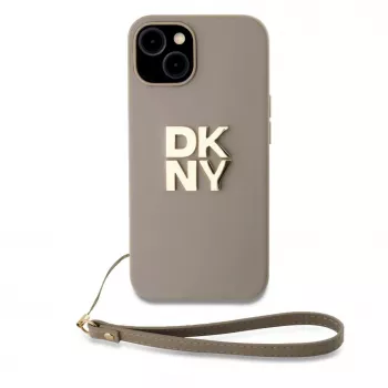 DKNY Funda con correa de muñeca de piel sintética Stack Logo para iPhone 13 Pro Max beige