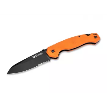 Cuchillo de rescate profesional Dönges con cortador de cinturón y cristal, hoja drop-point parcialmente dentada, mango de aluminio, negro, 205 mm abierto