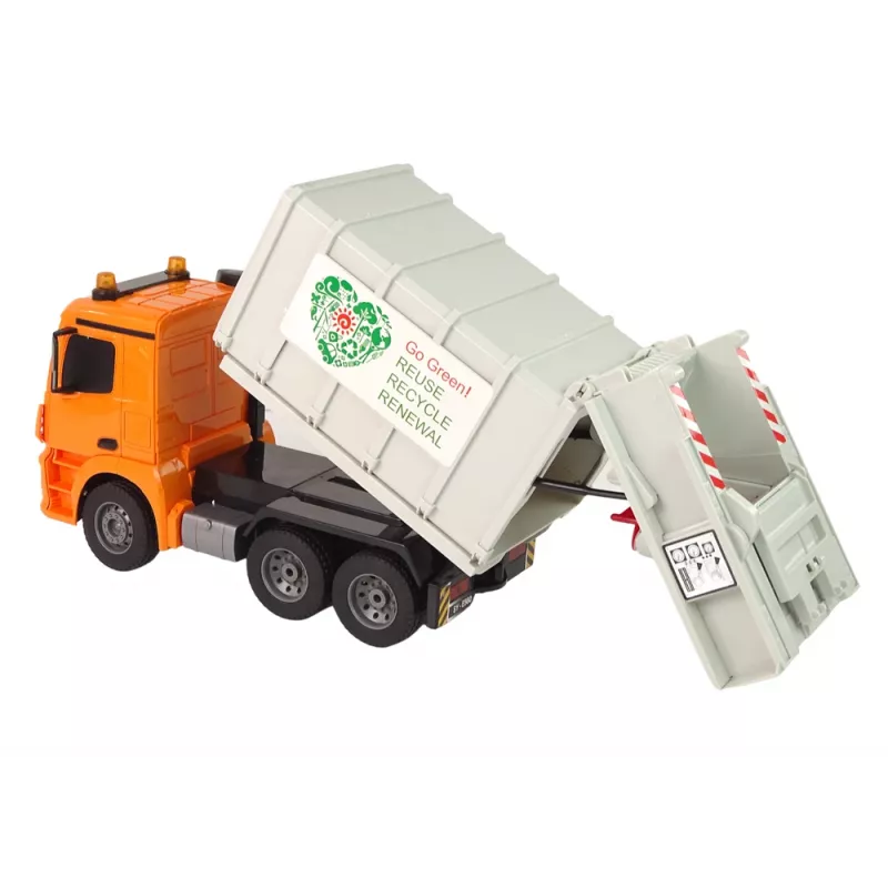 Double E Camión de basura teledirigido Mercedes-Benz Antos naranja con contenedor 12898