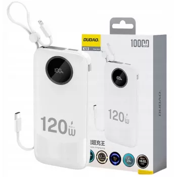 Batería externa Dudao 120W de carga rápida con cable integrado y pantalla digital, 10000mAh, blanco