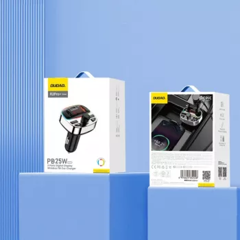 Transmisor FM para coche Dudao R2PRO+ con PD25W Bluetooth 5.3 conexiones de carga RGB - negro y plata