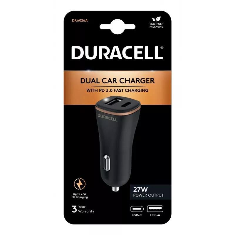 Duracell Power Travel Cargador 12V USB-A + USB-C 18W PD Cargador de coche DR6026A