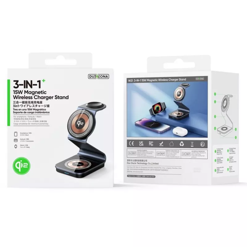 Soporte de carga inalámbrica Duzzona W21 3 en 1 15W para teléfono auriculares y reloj (certificado Qi2) transparente