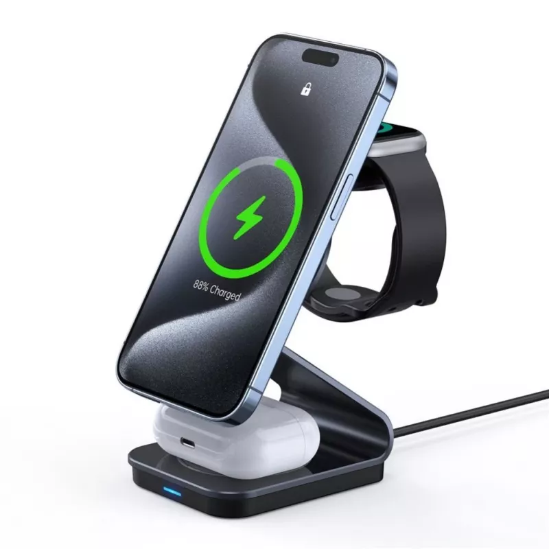 Soporte de carga inalámbrica Duzzona W21 3 en 1 15W para teléfono auriculares y reloj (certificado Qi2) transparente