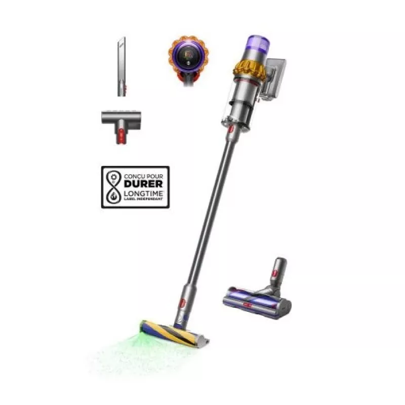Aspirador de batería Dyson V15 Detect Absolute, acero inoxidable, 240AW, pantalla LCD, 60 min de autonomía