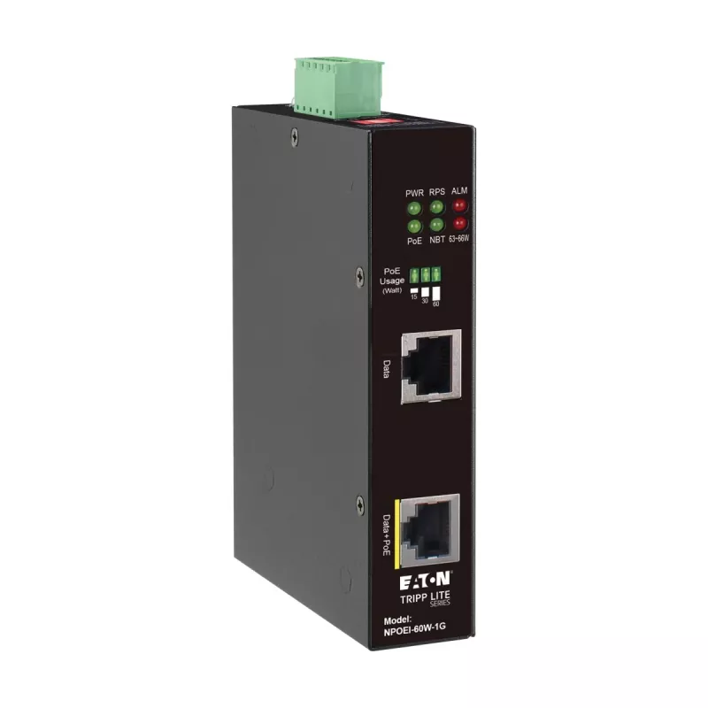 Eaton Tripp Lite Series inyector PoE++ Gigabit industrial, 60W, 802.3bt, Midspan, -40°C a 75°C, IP30, Dual 24-57VDC, carril DIN, 1 puerto, negro