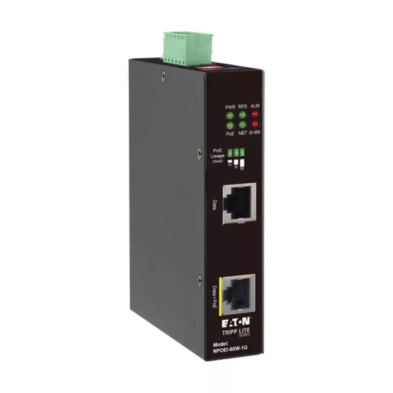 Eaton Tripp Lite Series inyector PoE++ Gigabit industrial, 60W, 802.3bt, Midspan, -40°C a 75°C, IP30, Dual 24-57VDC, carril DIN, 1 puerto, negro