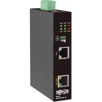 Eaton Tripp Lite Series inyector PoE++ Gigabit industrial, 60W, 802.3bt, Midspan, -40°C a 75°C, IP30, Dual 24-57VDC, carril DIN, 1 puerto, negro