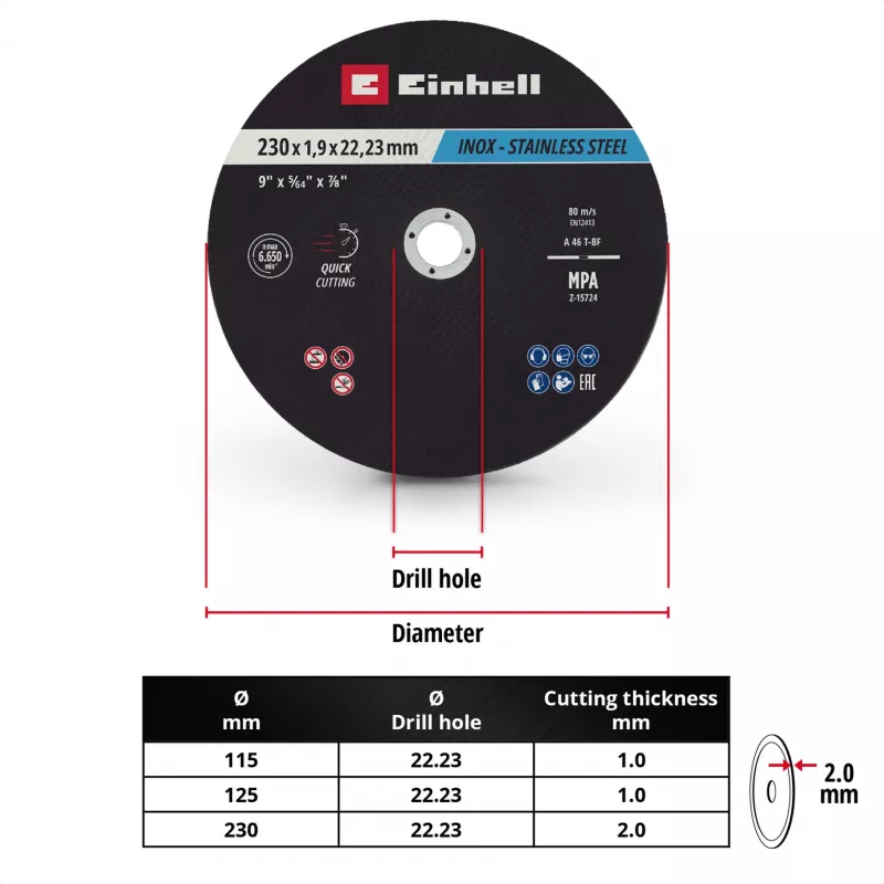 Einhell 230 x 2,0 mm Discos de corte finos para amoladora angular, pack de 10 711524