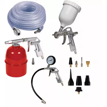 Einhell 4132776 Set de herramientas neumáticas de 5 piezas con pistola de soplado, inflador de neumáticos, pistola de pintura, pistola de protección de bajos y manguera espiral de 4m