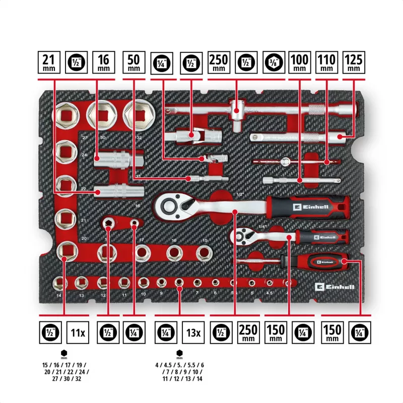Einhell E-Case Set de herramientas de mecánico 201 piezas (acero cromo-vanadio, apilable) (370513)