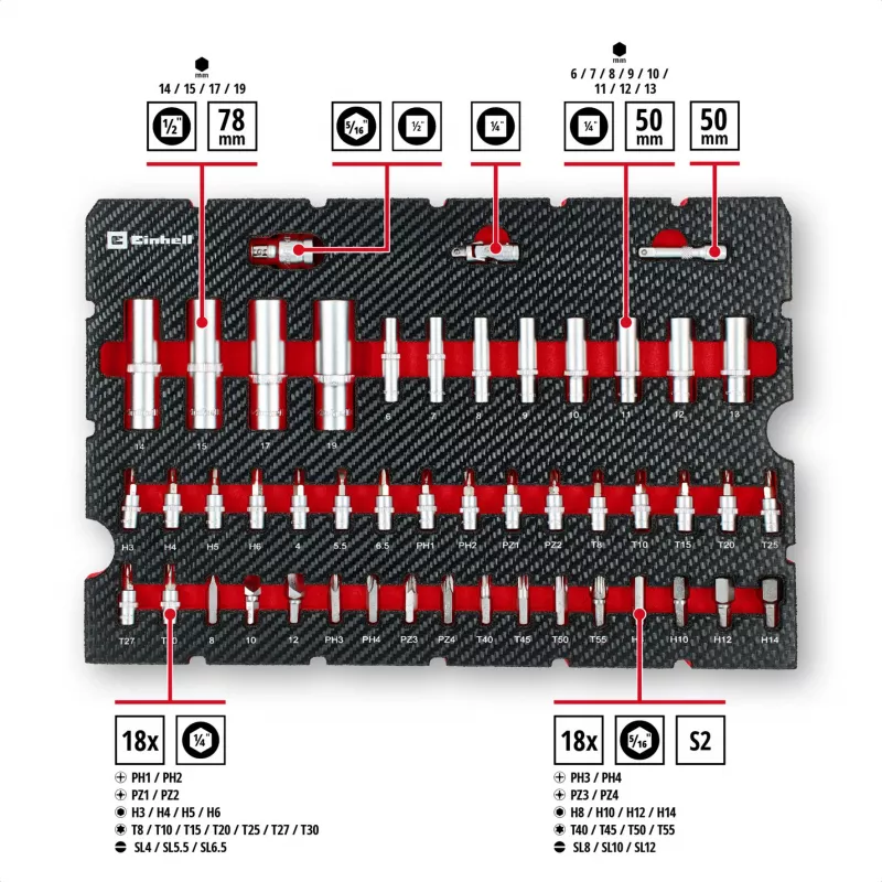 Einhell E-Case Set de herramientas de 92 piezas (370514) - Acero cromo-vanadio, Negro/Rojo